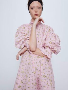 Zara Floral Pink Puff-Sleeve Mini Dress